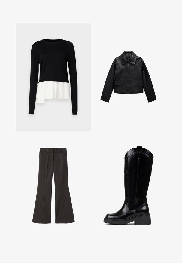 Črn skrajšan usnjen plašč s ovratnikom, sprednjim zapiranjem na gumb in dvema velikima žepoma s poklopcem. Gladka tekstura in strukturirana oblika.; Črn dolg rokav vrh z kontrastnim belim nabranim robom, okroglo ovratnikom in mehkim materialom. Zasnovan s sproščenim krojem.; Črne razširjene hlače z visokim pasom; vključujejo dva sprednja žepa in gladko teksturo tkanine. Primerne za različne priložnosti.; Bronx DAFF - Škornji v kavbojskem/motorističnem slogu - black