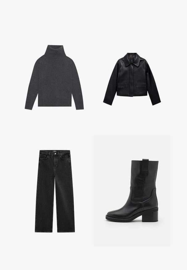 Schwarze, cropped Lederjacke mit Kragen, vorderem Knopfverschluss und zwei großen Klappentaschen. Glatte Textur und strukturierte Form.; Grauer Rollkragenpullover aus weichem, strukturiertem Strick. Verfügt über lange Ärmel und eine entspannte, kastige Form mit einem gerippten Saum und Bündchen.; Weite schwarze Denim-Jeans mit feinem vertikalen Streifenmuster, ausgestattet mit einem Fünf-Taschen-Design und einem klassischen Knopfverschluss an der Taille.; Nubikk CASSY SLOUCH - Cowboy-/Bikerboot - black