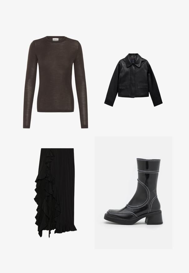 Giubbotto in pelle nera corto con colletto, chiusura frontale con bottoni e due grandi tasche a patta. Texture liscia e forma strutturata.; Top fitted a maniche lunghe color marrone con scollo a girocollo, realizzato in un tessuto in maglia leggero e leggermente trasparente.; Gonna nera realizzata in tessuto morbido con un dettaglio arricciato lungo il lato sinistro e un orlo a volant sul fondo, creando una silhouette fluida.; Stivale alla caviglia in pelle verniciata nera con cuciture bianche, punta arrotondata e tacco a blocco. Presenta linee di design curve e una texture liscia.