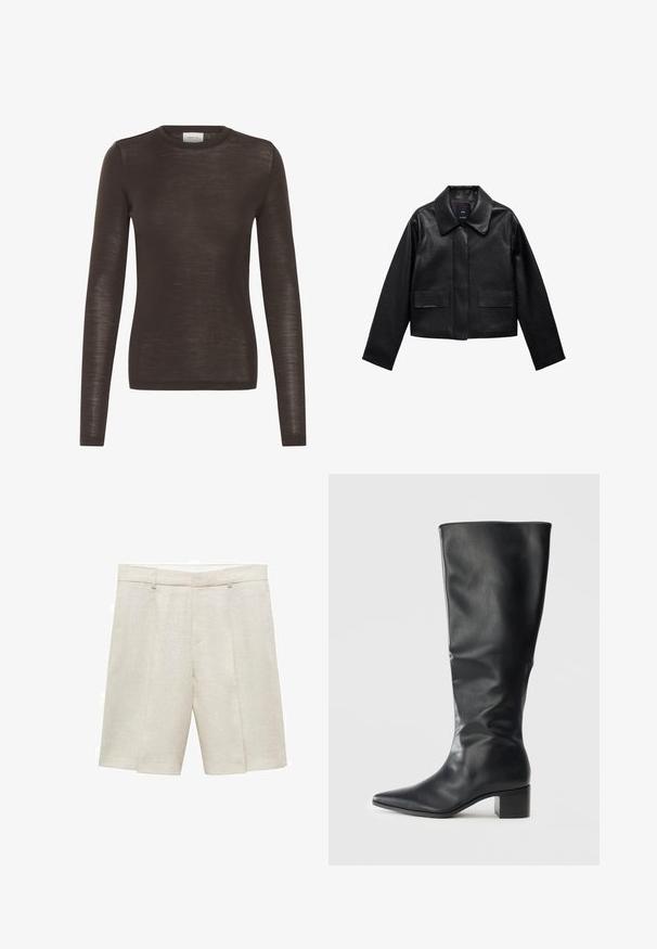 Schwarze, cropped Lederjacke mit Kragen, vorderem Knopfverschluss und zwei großen Klappentaschen. Glatte Textur und strukturierte Form.; Brauner, langärmeliger Crew-Neck-Fitted-Top aus leichtem, leicht transparentem Strickstoff.; Beige Leinen-Shorts mit taillierter Passform, flachem Frontteil, doppelten Falten und Gürtelschlaufen. Glatte Textur, bis zur Mitte des Oberschenkels.; Schwarze, kniehohe Lederstiefel mit spitzer Zehe und Blockabsatz, von der Seite vor einem schlichten Hintergrund betrachtet.