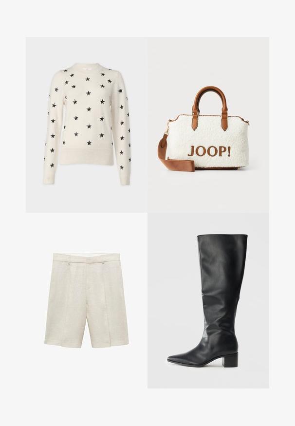 Schwarze, cropped Lederjacke mit Kragen, vorderem Knopfverschluss und zwei großen Klappentaschen. Glatte Textur und strukturierte Form.; Cremefarbener Pullover mit Rundhalsausschnitt, verziert mit gleichmäßig verteilten schwarzen Paillettensterne über die Vorderseite und Ärmel. Gerippte Bündchen und Saum.; Beige Leinen-Shorts mit taillierter Passform, flachem Frontteil, doppelten Falten und Gürtelschlaufen. Glatte Textur, bis zur Mitte des Oberschenkels.; Schwarze, kniehohe Lederstiefel mit spitzer Zehe und Blockabsatz, von der Seite vor einem schlichten Hintergrund betrachtet.; Weißer Plüschbeutel mit braunen Lederelementen und -griffen. Mit einem braunen "JOOP!"-Logo ausgestattet. Enthält einen abnehmbaren Schultergurt.