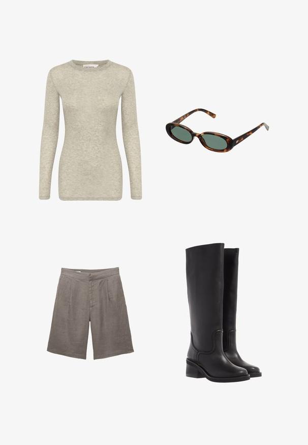 Schwarze, cropped Lederjacke mit Kragen, vorderem Knopfverschluss und zwei großen Klappentaschen. Glatte Textur und strukturierte Form.; Langärmliges Oberteil in Hellgrau, gefertigt aus weichem, strukturiertem Stoff. Verfügt über einen runden Halsausschnitt und eine figurbetonte Silhouette. Einfaches und vielseitiges Design.; Graue Leinen-Shorts mit lässiger Passform, flachem Bund, zwei vorderen Falten und seitlichen Taschen. Glatte Textur ohne sichtbare Muster.; Schwarze Lederstiefel bis zum Knie mit glatter Textur, abgerundeter Spitze und klobigem Absatz. Mit dezenten Nähten und einem schlanken Design.; Schildpatt-Sonnenbrille mit ovalen Rahmen und grünen Gläsern. Verfügt über dünne Bügel mit einem metallischen Akzent in der Nähe der Scharniere.; Tasche aus braunem Wildleder mit zwei langen Griffen, rechteckiger Form und dekorativer Naht. Verfügt über einen seitlichen Riemen und subtile goldene Hardwareakzente.