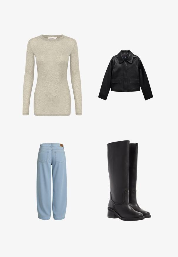 Čierna skrátená kožená bunda s golierom, predným zapínaním na gombíky a dvoma veľkými prekryvnými vreckami. Hladká textúra a štruktúrovaný tvar.; Dlhý rukáv top v svetlo šedej farbe, vyrobený z mäkkej, textúrovanej tkaniny. Má okrúhly výstrih a priliehavý strih. Jednoduchý a univerzálny dizajn.; Svetlomodré denimové nohavice s voľným strihom, s dvoma zadnými vreckami, pásom s hnedou koženou nášivkou a zúženými členkami.; Čierne kožené čižmy po kolená s hladkou textúrou, zaoblenou špičkou a hrubým podpätkom. Obsahujú jemné švy a elegantný design.