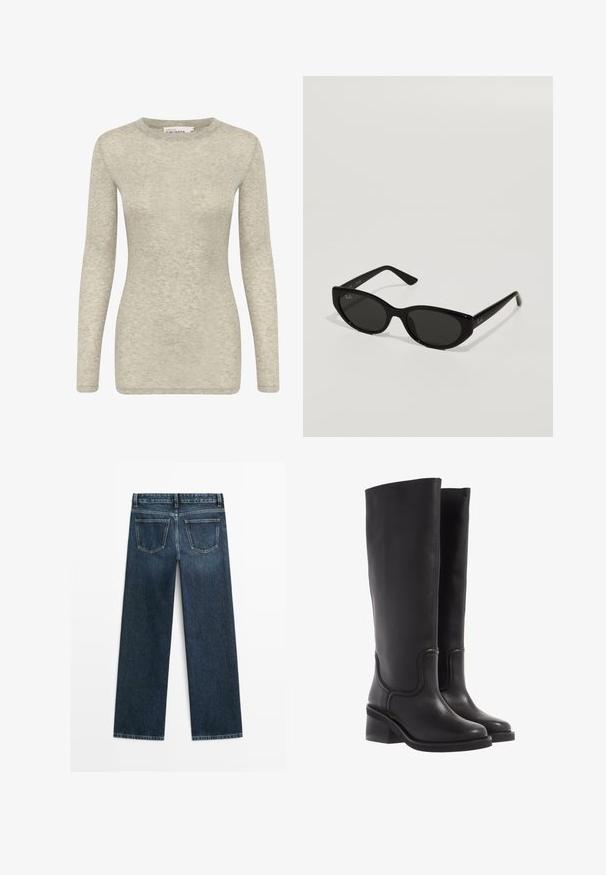 Zwart cropped leren jasje met een kraag, sluiting met voorste knopen en twee grote klepzakken. Vlotte textuur en gestructureerde vorm.; Langarm T-shirt in lichtgrijs, gemaakt van zachte, gestructureerde stof. Heeft een ronde halslijn en een getailleerde silhoët. Eenvoudig en veelzijdig ontwerp.; Donkerblauwe spijkerbroek met een rechte snit, voorzien van twee achterzakken en zichtbare stiksels langs de naden en randen.; Zwarte leren kniehoge laarzen met een soepele textuur, ronde neus en een chunkyer heel. Heeft subtiele stiksels en een gestroomlijnd ontwerp.; Zwarte zonnebril met een smal, kattenoogvorm. Gemaakt van glad plastic, met donkere glazen en subtiele logo-accenten op de veren.