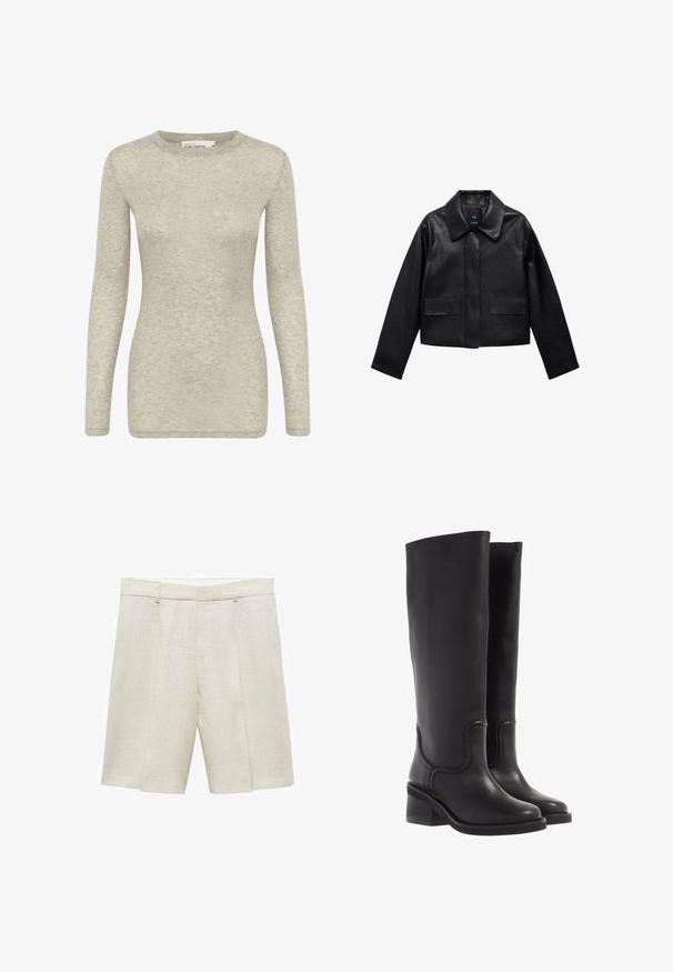Černá zkrácená kožená bunda s límcem, předním zapínáním na knoflíky a dvěma velkými kapsami s klopami. Hladká textura a strukturovaný tvar.; Dlouhý rukáv v světle šedé barvě, vyrobený z jemné, texturované tkaniny. Má kulatý výstřih a přiléhavý střih. Jednoduchý a univerzální design.; Béžové lněné šortky s přizpůsobeným střihem, s plochým předním dílem, dvojitými skladbami a poutky na opasek. Hladký materiál, délka do poloviny stehna.; Černé kožené kozačky do kolen s hladkým povrchem, zaoblenou špičkou a masivním podpatkem. Disponují jemným švem a elegantním designem.