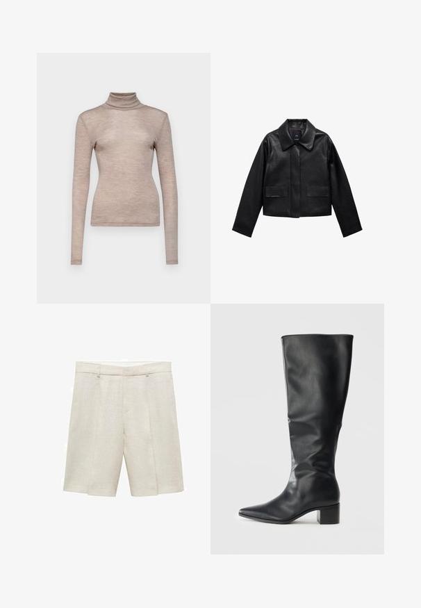 Svart kort läderjacka med krage, knappstängning framtill och två stora fickor med klaff. Slät textur och strukturerad form.; Långärmad polokrage i mjukt, ljust beige tyg. Åtsittande design med en slät textur och hög krage.; Beiga linneshorts med skräddarsydd passform, med platt fram, dubbla veck och bälteshällor. Slät textur, med längd till mitten av låret.; Svart läderstövel med knähöjd, spetsig tå och klack i blockformat, sedd från sidan mot en enkel bakgrund.