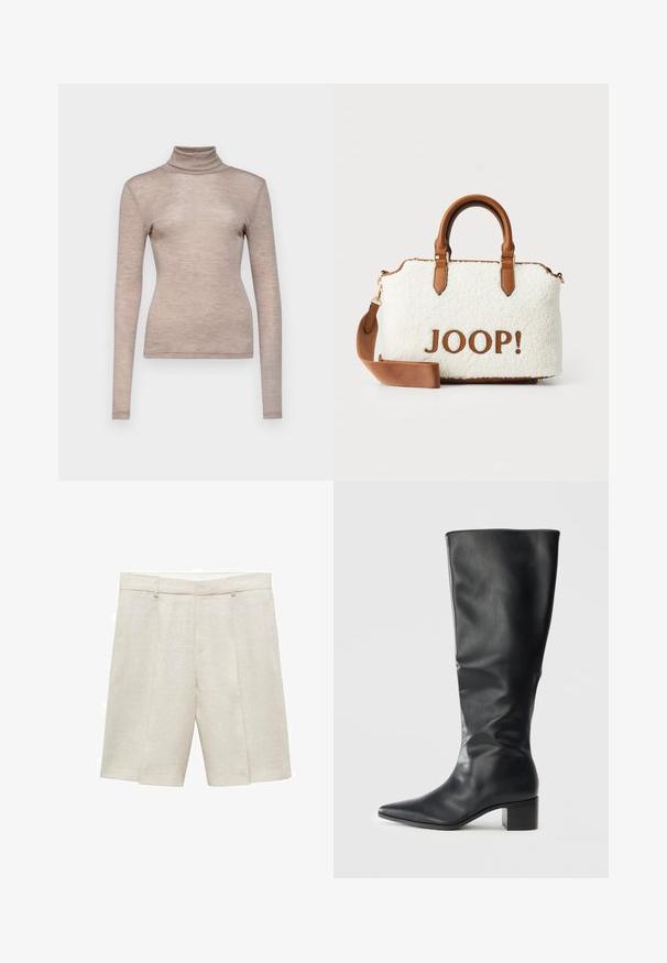 Schwarze, cropped Lederjacke mit Kragen, vorderem Knopfverschluss und zwei großen Klappentaschen. Glatte Textur und strukturierte Form.; Langärmliges Turtleneck-Oberteil aus weichem, hellem Beigefarbenem Stoff. Figurbetontes Design mit glatter Textur und hohem Kragen.; Beige Leinen-Shorts mit taillierter Passform, flachem Frontteil, doppelten Falten und Gürtelschlaufen. Glatte Textur, bis zur Mitte des Oberschenkels.; Schwarze, kniehohe Lederstiefel mit spitzer Zehe und Blockabsatz, von der Seite vor einem schlichten Hintergrund betrachtet.; Weißer Plüschbeutel mit braunen Lederelementen und -griffen. Mit einem braunen "JOOP!"-Logo ausgestattet. Enthält einen abnehmbaren Schultergurt.