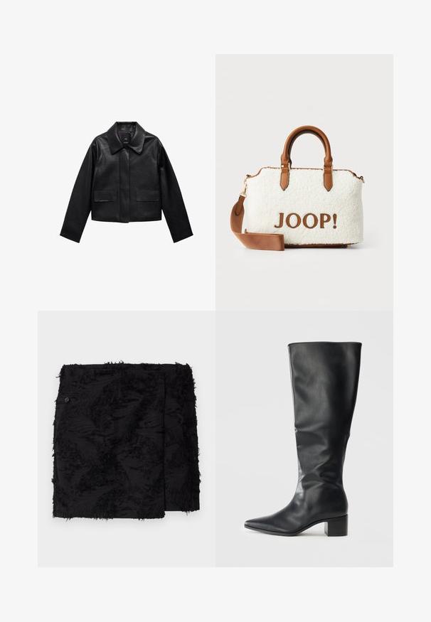 Giubbotto in pelle nera corto con colletto, chiusura frontale con bottoni e due grandi tasche a patta. Texture liscia e forma strutturata.; PULL&BEAR Top - white; Gonna nera con tessuto testurizzato caratterizzata da dettagli sfilacciati. Forma quadrata, lunghezza sopra il ginocchio e un particolare bottone laterale.; Stivale in pelle nera fino al ginocchio con punta affilata e tacco a blocco, visto di lato su uno sfondo semplice.; Borsa morbida bianca con dettagli e manici in pelle marrone. Presenta un logo "JOOP!" in marrone. Include una tracolla rimovibile.