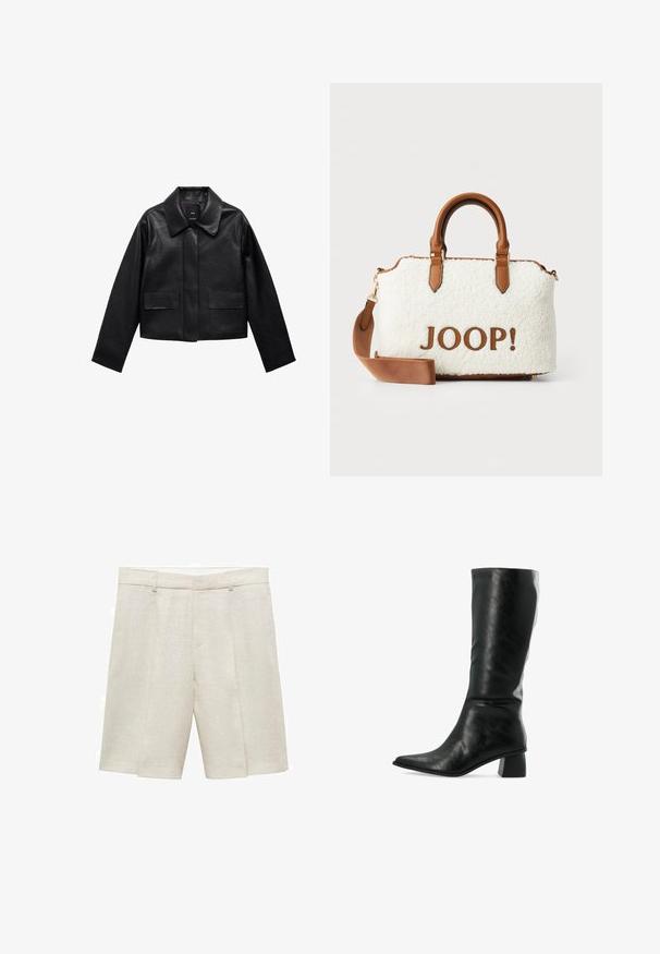 Veste en cuir noire courte avec col, fermeture à boutons sur le devant et deux grandes poches à rabat. Texture lisse et forme structurée.; PULL&BEAR Débardeur - white; Shorts en lin beige avec une coupe ajustée, présentant un devant plat, des doubles plis et des passants de ceinture. Texture lisse, longueur mi-cuisse.; Botte en cuir noir hauteur genou avec un bout pointu et une surface texturée. Présente un talon carré et un design ajusté et élégant.; Sac en peluche blanc avec des accents en cuir marron et des poignées. Présente un logo "JOOP!" en marron. Comprend une bandoulière amovible.