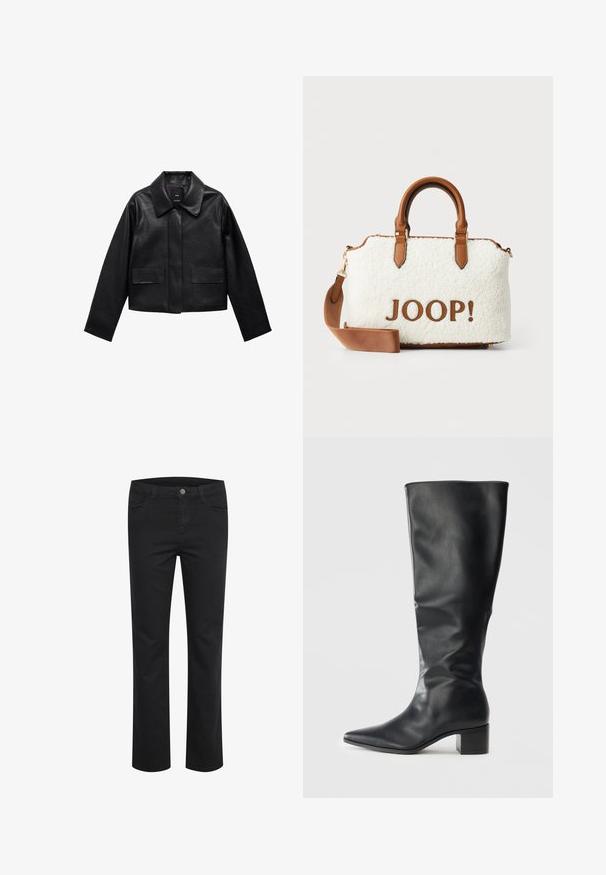 Veste en cuir noire courte avec col, fermeture à boutons sur le devant et deux grandes poches à rabat. Texture lisse et forme structurée.; PULL&BEAR Débardeur - white; Pantalon en denim noir avec une coupe droite, doté de deux poches avant et d'un seul bouton en métal à la taille. Texture lisse.; Botte en cuir noir montant jusqu'au genou avec un nez pointu et un talon bloc, vue de côté sur un fond uni.; Sac en peluche blanc avec des accents en cuir marron et des poignées. Présente un logo "JOOP!" en marron. Comprend une bandoulière amovible.