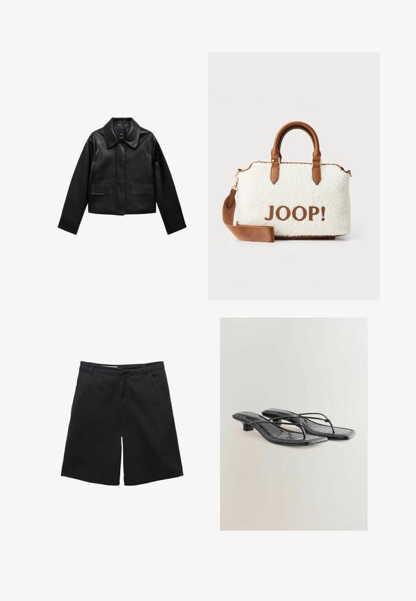 Giubbotto in pelle nera corto con colletto, chiusura frontale con bottoni e due grandi tasche a patta. Texture liscia e forma strutturata.; PULL&BEAR Top - white; Pantaloni corti neri in cotone, caratterizzati da un taglio diritto, due tasche frontali e una texture liscia. Nessun motivo o accento visibile.; Sandali slingback neri in ecopelle con texture a coccodrillo, punta quadrata e tacco basso. Presentano sottili cinturini che collegano la suola.; Borsa morbida bianca con dettagli e manici in pelle marrone. Presenta un logo "JOOP!" in marrone. Include una tracolla rimovibile.
