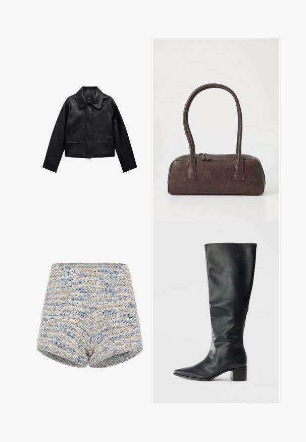 Czarna skórzana kurtka w kroju cropped z kołnierzem, z przodem zapinanym na guziki oraz dwoma dużymi kieszeniami z klapkami. Gładka faktura i zarysowany kształt.; PULL&BEAR - Top; Woven szorty z teksturowanej tkaniny w niebieskie i beżowe paski, z prostym paskiem w talii i dopasowanym krojem.; Czarna skórzana bota do kolan z ostrym noskiem i kostką, widziana z boku na jednolitym tle.; Brązowa skórzana torebka na ramię z dwoma solidnymi uchwytami, prostokątny kształt, gładka faktura i zamek błyskawiczny. Minimalistyczny design bez widocznych wzorów.