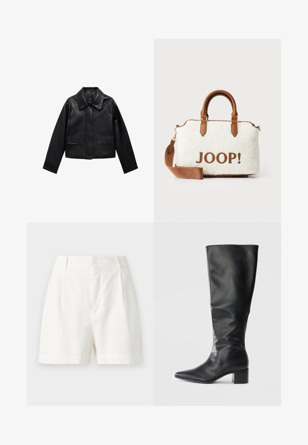 Crna skraćena kožna jakna s kragnom, prednjim kopčanjem na dugmad i dva velika džepa s preklopom. Glatka tekstura i oblik s jasnim linijama.; PULL&BEAR Top - white; Bijele platnene kratke hlače s krojem u obliku odijela, prednjim nabora i glatkom teksturom. Dizajn uključuje pojas srednje visine i bočne džepove.; Crna kožna čizma do koljena s šiljastim vrhom i blok petom, prikazana sa strane na jednobojnoj pozadini.; Bijela plišana torba s smeškastim kožnim detaljima i drškama. Sadrži "JOOP!" logo u smeškastoj boji. Uključuje odvojivu naramenicu.