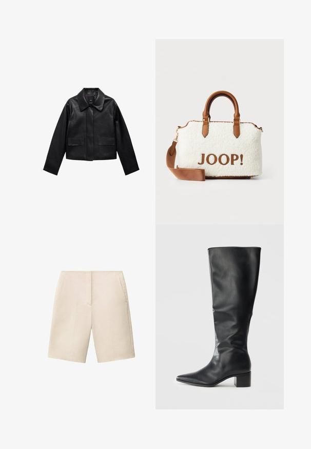 Schwarze, cropped Lederjacke mit Kragen, vorderem Knopfverschluss und zwei großen Klappentaschen. Glatte Textur und strukturierte Form.; PULL&BEAR Top - white; Beige Leinenshorts mit flachem Bund, zwei seitlichen Taschen und knielangem Schnitt, ausgestattet mit einer glatten Textur und tailliertem Design.; Schwarze, kniehohe Lederstiefel mit spitzer Zehe und Blockabsatz, von der Seite vor einem schlichten Hintergrund betrachtet.; Weißer Plüschbeutel mit braunen Lederelementen und -griffen. Mit einem braunen "JOOP!"-Logo ausgestattet. Enthält einen abnehmbaren Schultergurt.