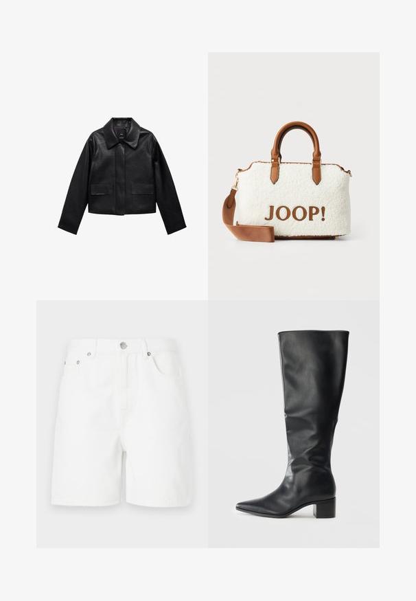 Schwarze, cropped Lederjacke mit Kragen, vorderem Knopfverschluss und zwei großen Klappentaschen. Glatte Textur und strukturierte Form.; PULL&BEAR Top - white; Weiße Denim-Shorts mit geradem Schnitt, ausgestattet mit vorderen Taschen und einem Knopfverschluss. Der Stoff hat eine glatte Textur und keine sichtbaren Muster.; Schwarze, kniehohe Lederstiefel mit spitzer Zehe und Blockabsatz, von der Seite vor einem schlichten Hintergrund betrachtet.; Weißer Plüschbeutel mit braunen Lederelementen und -griffen. Mit einem braunen "JOOP!"-Logo ausgestattet. Enthält einen abnehmbaren Schultergurt.