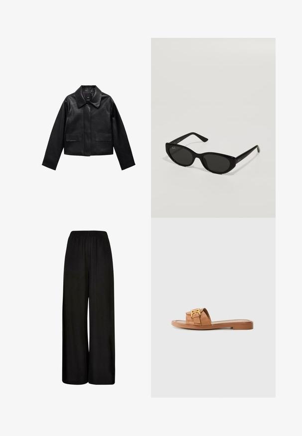 Črn skrajšan usnjen plašč s ovratnikom, sprednjim zapiranjem na gumb in dvema velikima žepoma s poklopcem. Gladka tekstura in strukturirana oblika.; PULL&BEAR Top - white; Črne široke hlače iz gladkega materiala. Opremljene so z elastičnim pasom ter sproščenim, prosto padajočim krojem za udobje in enostavno gibanje.; Rjava usnjena zapestnica s širokim pasom, zlatimi detajli, ravnim podplatom in minimalističnim dizajnom. Primerna za vsakodnevno nošenje.; Črne sončne očala z ozko obliko mačjih oči. Narejena iz gladkega plastike, z temnimi lečami in diskretnimi logotipnimi akcenti na ušesih.; Kanvas torba za nošenje, ki prikazuje risanega medveda v zeleni ruti in blazerju, z rjavimi usnjenimi naramnicami. Bela podlaga, tiskana zasnova.