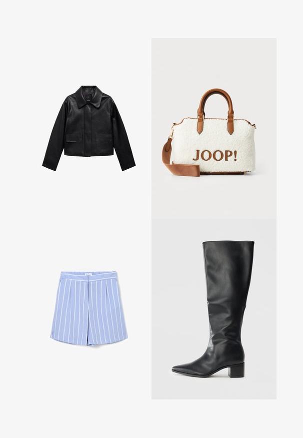 Schwarze, cropped Lederjacke mit Kragen, vorderem Knopfverschluss und zwei großen Klappentaschen. Glatte Textur und strukturierte Form.; PULL&BEAR Top - white; Helle blaue Shorts mit vertikalen weißen Streifen, maßgeschneiderter Schnitt, geplätteter Vorderseite und glatter Stofftextur. Der Sitz umfasst einen elastischen Bund.; Schwarze, kniehohe Lederstiefel mit spitzer Zehe und Blockabsatz, von der Seite vor einem schlichten Hintergrund betrachtet.; Weißer Plüschbeutel mit braunen Lederelementen und -griffen. Mit einem braunen "JOOP!"-Logo ausgestattet. Enthält einen abnehmbaren Schultergurt.