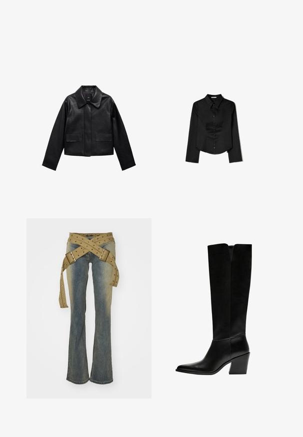 Črn skrajšan usnjen plašč s ovratnikom, sprednjim zapiranjem na gumb in dvema velikima žepoma s poklopcem. Gladka tekstura in strukturirana oblika.; Črna srajca dolgimi rokavi, izdelana iz gladkega materiala, z ostrim ovratnikom, sprednjim gumbom in krajšo obrobo z stranskimi razpoki.; Jaded London STRAP UP STONEWASH - Kavbojke na zvonec - hellblau; Črne gležnjarje do kolen iz gladkega usnja, z ostrim nosom, blokinim peto in V-oblikovanim izrezom na vrhu.