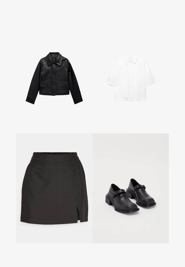 Černá zkrácená kožená bunda s límcem, předním zapínáním na knoflíky a dvěma velkými kapsami s klopami. Hladká textura a strukturovaný tvar.; Bílá košile s krátkým rukávem vyrobená z bavlny, s klasickým límečkem, zapínáním na knoflíky vpředu a volným střihem. Hladká textura bez vzorů.; Černá sukně z hladkého materiálu s elastickým páskem, přímým střihem a bočním rozparkem pro snadný pohyb.; Černé kožené boty s kulatou špičkou, plochou podrážkou a páskem s detaily s přezkou. Masivní blokový podpatek pro zvýšenou stabilitu.