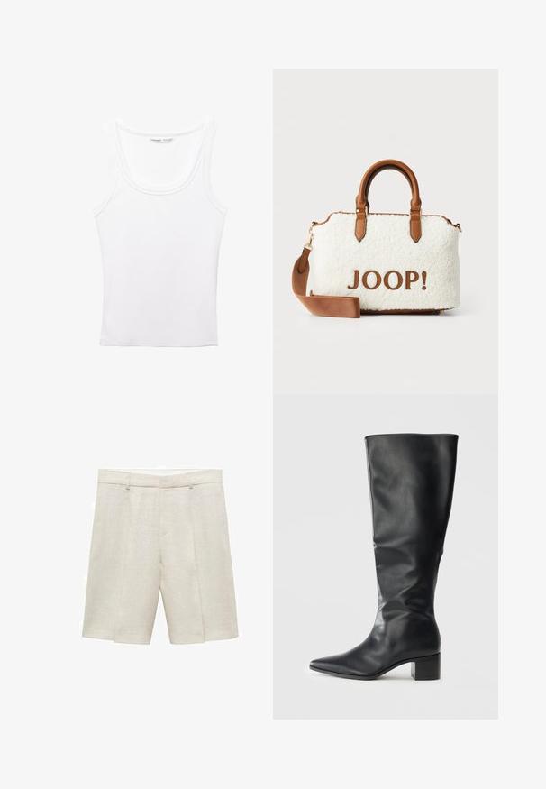Zwart cropped leren jasje met een kraag, sluiting met voorste knopen en twee grote klepzakken. Vlotte textuur en gestructureerde vorm.; PULL&BEAR Top - white; Beige linnen shorts met een getailleerde pasvorm, voorzien van een rechte voorkant, dubbele plooien en ceintuurlussen. Gladde textuur, lengte tot halverwege de dij.; Zwarte leren kniehoge laars met een spitse neus en blokhak, gezien vanaf de zijkant tegen een effen achtergrond.; Witte pluche tas met bruine leren accenten en handvatten. Bevat een bruine "JOOP!" logo. Inclusief een afneembare schouderriem.