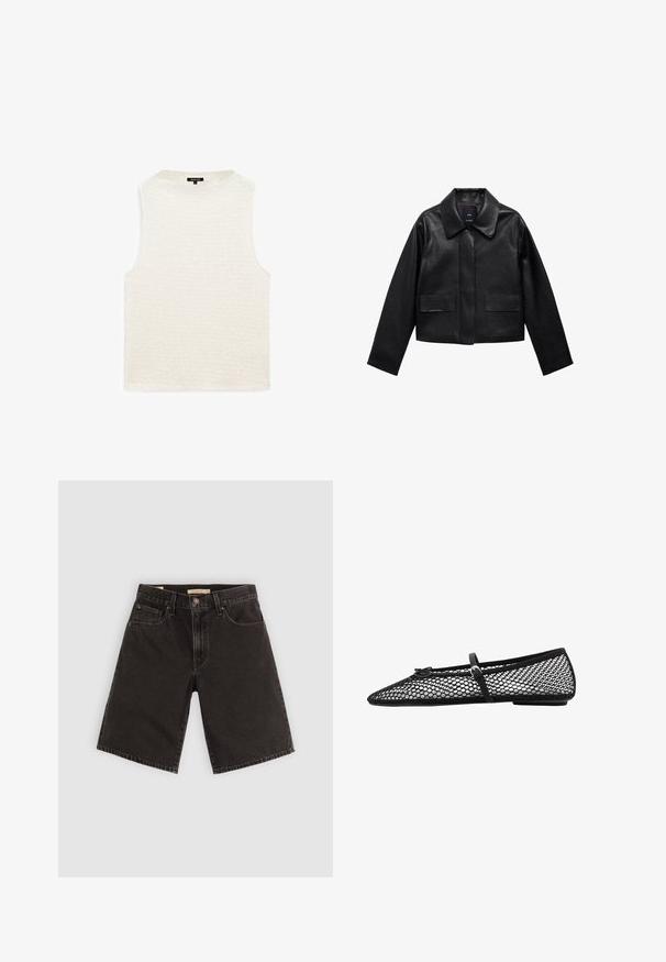 Sort cropped læderjakke med krave, frontlukning med knapper og to store flaplommer. Glat tekstur og struktureret form.; Hvid ærmeløs top med et tekstureret, bølget mønster. Rund halsudskæring, afslappet pasform og ingen synlige hardware eller detaljer. Blødt stof.; Sort denim shorts med lige snit, fem lommer og metaldele, med en tekstureret stof og et standard taljebånd.; Sort mesh ballet flad med spidse tæer, dekorativ strop og subtilt accent. Har et åbent netdesign og flad sål.
