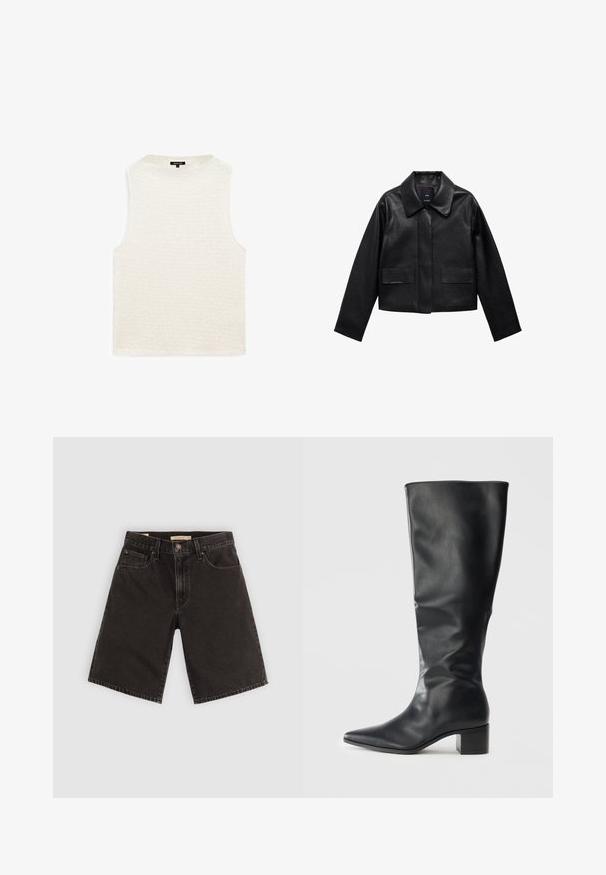 Zwart cropped leren jasje met een kraag, sluiting met voorste knopen en twee grote klepzakken. Vlotte textuur en gestructureerde vorm.; Witte mouwloze top met een gestructureerd, golvend patroon. Ronde halslijn, relaxte pasvorm en geen zichtbare hardware of accenten. Zachte stof.; Zwarte denim shorts met een rechte snit, vijf zakken en metalen hardware, van een gestructureerde stof met een standaard tailleband.; Zwarte leren kniehoge laars met een spitse neus en blokhak, gezien vanaf de zijkant tegen een effen achtergrond.