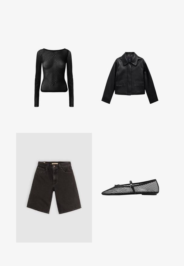 Musta lyhyt nahkatakki, jossa on kaulus, etupuolella napitus ja kaksi suurta läppätaskua. Sileä pinta ja muotoiltu rakenne.; Musta pitkähihainen paita, joka on valmistettu läpikuultavasta materiaalista ja jossa on aaltoileva kuvio. Siinä on pyöreä pääntie ja tiukka siluetti.; Mustat farkkushortsit, joissa on suora leikkaus, viisi taskua ja metalliosia, teksturoitu kangas ja tavanomainen vyötärö.; Musta verkkokuvioinen ballerinatyyppinen kenkä, jossa on kärjeltään terävä muoto ja koristelstrap, sekä huomaamaton yksityiskohta. Kenkässä on avoin verkkotyyli ja litteä pohja.