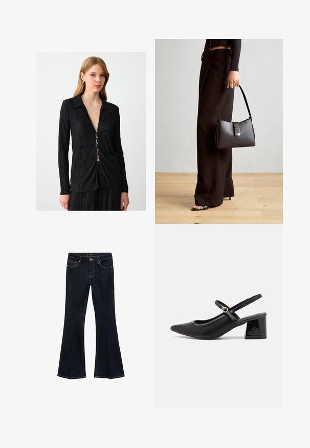 Czarna skórzana kurtka w kroju cropped z kołnierzem, z przodem zapinanym na guziki oraz dwoma dużymi kieszeniami z klapkami. Gładka faktura i zarysowany kształt.; Czarna, długozasłonowa koszula z plisowaną teksturą, z kolnierzykiem w kształcie szpica i pięcioma dekoracyjnymi guzikami na przodzie, tworzącymi subtelny dekolt w kształcie litery V.; Granatowe dżinsy z wysokim stanem, przednimi kieszeniami i szerokimi, rozszerzającymi się nogawkami, wyeksponowane płasko na białym tle.; Czarne lakierowane czółenka na słupku ze spiczastym noskiem, lekko zaokrąglonym wycięciem i obcasem w kształcie bloku. Posiadają złotą klamrę jako akcent dekoracyjny.; Czarna torebka o usztywnionym kształcie, gładkiej fakturze i metalowym zapięciem. Połączona z szerokimi czarnymi spodniami i sandałami na otwartym palcu na drewnianej podłodze.