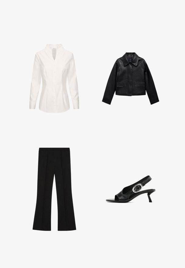 Zwart cropped leren jasje met een kraag, sluiting met voorste knopen en twee grote klepzakken. Vlotte textuur en gestructureerde vorm.; Witte blouse van katoen, met een mandarin kraag, lange mouwen, knoopsluiting aan de voorkant en een getailleerde pasvorm. Glad textuur en een minimalistisch ontwerp.; Zwarte tailored broek met een hoge taille, voorplooien, zijzakken en een lichte flare aan de benen.; Zwart leren slingback schoen met open teen, slanke hak en zilveren gespdetail op de band. Glad oppervlak en gestroomlijnd ontwerp.