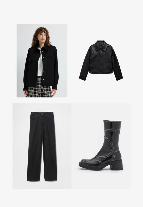 Black cropped leather jacket with a collar, front button closure, and two large flap pockets. Smooth texture and structured shape.; Black jacket with beaded collar and chest pockets, featuring gold buttons and long sleeves. Worn over a white top, paired with patterned skirt.; Black denim jeans with a straight leg design, button and zipper closure, front and back pockets, and a smooth texture.; Black patent leather ankle boot with white stitching, rounded toe, and block heel. Features curved design lines and a smooth texture.