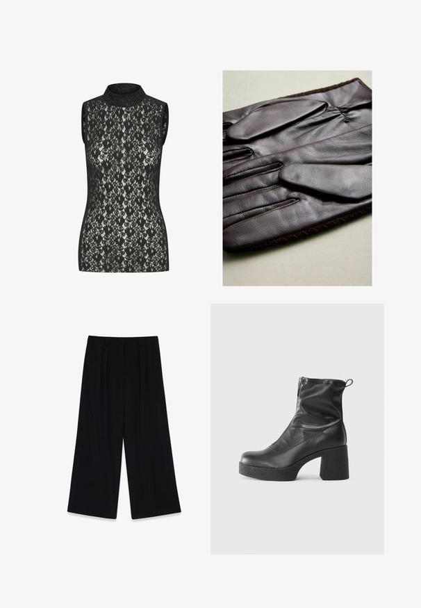 Giubbotto in pelle nera corto con colletto, chiusura frontale con bottoni e due grandi tasche a patta. Texture liscia e forma strutturata.; Top senza maniche in pizzo nero con collo alto, caratterizzato da un intricato motivo floreale e un design aderente. Leggera lucentezza visibile sul tessuto.; Pantaloni neri a gamba larga realizzati in un tessuto morbido, caratterizzati da pieghe davanti, vita media e senza chiusure o decorazioni visibili.; Stivali neri alla caviglia in pelle liscia, con zip laterale, tacco spesso e texture, e punta arrotondata.; Guanti in pelle marrone con una superficie liscia, dotati di cinque dita, polsino elastico e cuciture decorative lungo il bordo.