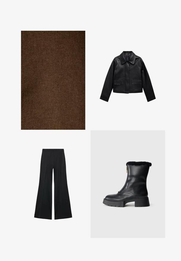 Zwart cropped leren jasje met een kraag, sluiting met voorste knopen en twee grote klepzakken. Vlotte textuur en gestructureerde vorm.; Bruin linnen stof met een zachte, gestructureerde afwerking, met een uniform patroon en gedempte tint, geschikt voor verschillende textieltoepassingen.; Zwarte wijde-pijpen broek met een gladde textuur, gekenmerkt door voorplooien en een op maat gemaakte uitstraling. De stof is lichtgewicht en vloeiend.; Zwarte leren enkellaars met een met schapenvacht gevoerde omslag, zijrits, dikke rubberen zool en een minimalistisch ontwerp. Soepele textuur en matte afwerking.