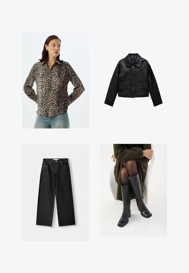 Zwart cropped leren jasje met een kraag, sluiting met voorste knopen en twee grote klepzakken. Vlotte textuur en gestructureerde vorm.; Leopardprint shirt in zijden stofmix; lange mouwen, knoopsluiting aan de voorkant, klassieke kraag, met zwart en beige tinten, subtiele glans.; Zwarte denim wijde jeans met vijf zakken, metalen knoop en ritsluiting, en contrasterende gele stiksels langs de naden.; Knieschijf hoge zwarte leren laarzen met een vierkante neus en blokhak, getoond met een model dat zit in een olijfgroene jas. Gladde textuur, minimale details.