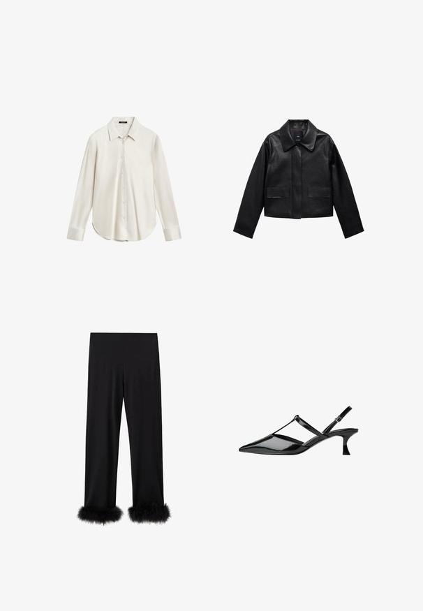Giubbotto in pelle nera corto con colletto, chiusura frontale con bottoni e due grandi tasche a patta. Texture liscia e forma strutturata.; Camicia bianca a maniche lunghe realizzata in tessuto morbido, con colletto classico, chiusura frontale con bottoni e orlo curvo. Design semplice senza motivi.; Pantaloni neri con un tessuto morbido, gamba larga e bordo in pelliccia sintetica. Il design offre una vestibilità rilassata adatta a varie occasioni.; Scarpe con tacco in pelle verniciata nera, con punta affusolata, design a tracolla incrociata e tacco medio affusolato. Finitura liscia e lucida con dettagli a intaglio.