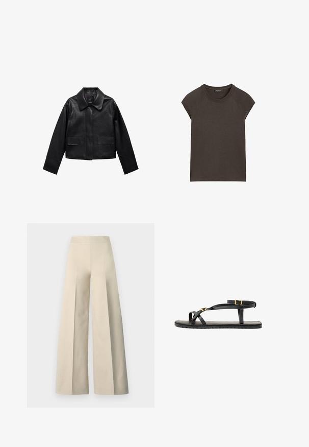 Sort cropped læderjakke med krave, frontlukning med knapper og to store flaplommer. Glat tekstur og struktureret form.; Brun bomulds t-shirt med korte raglanærmer, en rund halsudskæring og en løs pasform, der har en ensfarvet overflade uden mønstre eller detaljer.; Beige vide bukser med en glat tekstur, høj talje og dybe folder foran. Har et bredt og flagrende snit.; Sorte lædersandaler med tynde stropper og en spændet ankelrem. Flad sål med en tekstureret overflade og zigzag kant. Minimalistisk design.