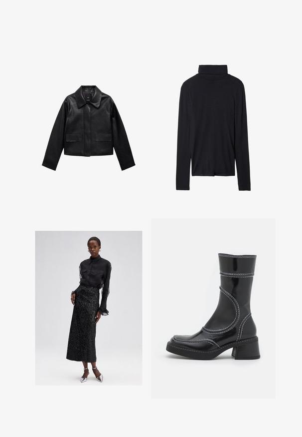 Zwart cropped leren jasje met een kraag, sluiting met voorste knopen en twee grote klepzakken. Vlotte textuur en gestructureerde vorm.; Zwarte lange mouwen coltrui met een aansluitend ontwerp, een gladde textuur en een hoge kraag, met gestikte zomen en zonder zichtbare patronen.; Zwarte blouse met knoopsluiting en doorzichtige mouwen, gecombineerd met een zwarte midi rok met pailletten en zilveren hoge hakken. Elegante en textuurrijke uitstraling.; Zwarte lakleren enkellaars met witte stiksels, ronde neus en blokhak. Kenmerkt zich door gebogen ontwerplijnen en een gladde textuur.