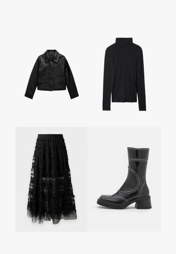 Black cropped leather jacket with a collar, front button closure, and two large flap pockets. Smooth texture and structured shape.; Black long-sleeve turtleneck top with a fitted design, smooth texture, and a high collar, featuring stitched hems and no visible patterns.; Black tiered lace skirt with a ruffled design, featuring a wide waistband and sheer layers. Textured lace and dotted overlay presentation.; Black patent leather ankle boot with white stitching, rounded toe, and block heel. Features curved design lines and a smooth texture.