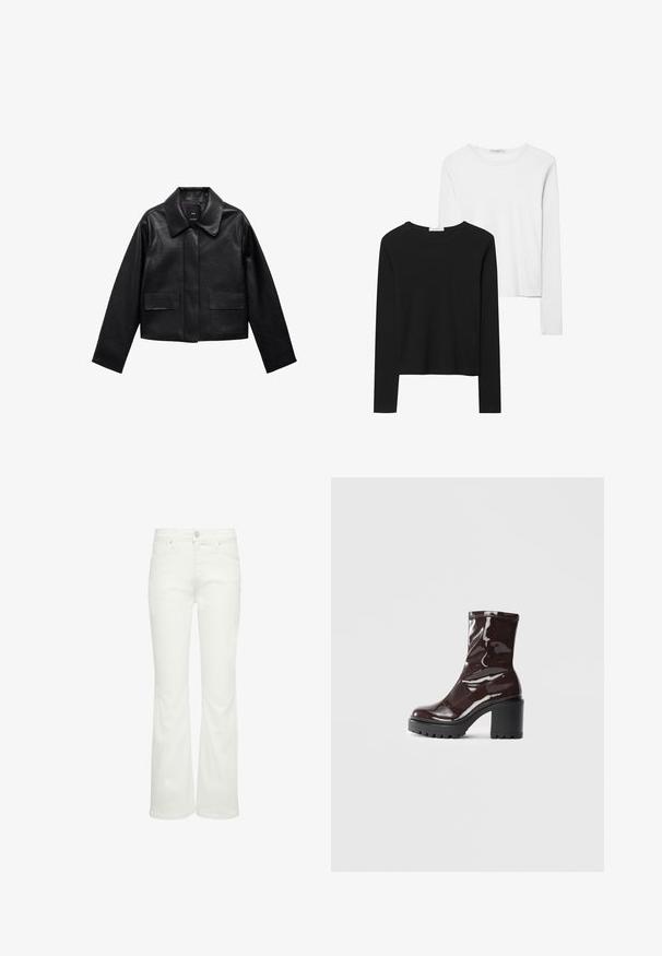 Giubbotto in pelle nera corto con colletto, chiusura frontale con bottoni e due grandi tasche a patta. Texture liscia e forma strutturata.; Magliette a maniche lunghe in bianco e nero, con collo rotondo, tessuto morbido e design aderente con orli dritti.; Jeans bianchi a zampa d'elefante in denim, con cinque tasche, passanti per cintura e chiusura con bottone frontale. Texture liscia senza motivi.; Stivale alla caviglia bordeaux lucido con un tacco spesso nero, caratterizzato da una superficie liscia e un design semplice. Nessuna chiusura visibile o motivo.