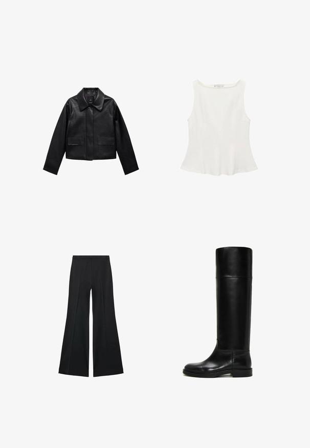 Giubbotto in pelle nera corto con colletto, chiusura frontale con bottoni e due grandi tasche a patta. Texture liscia e forma strutturata.; Top bianco senza maniche con scollatura tonda, caratterizzato da una forma svasata e una texture morbida, realizzato in tessuto leggero. Design semplice senza stampe.; Pantaloni neri a gamba larga con una texture liscia, caratterizzati da pieghe frontali e un design sartoriale. Il tessuto è leggero e fluido.; Stivale in pelle nera alto fino al ginocchio con punta arrotondata, texture liscia, design minimalista e suola piatta in gomma. Senza hardware visibile o decorazioni.