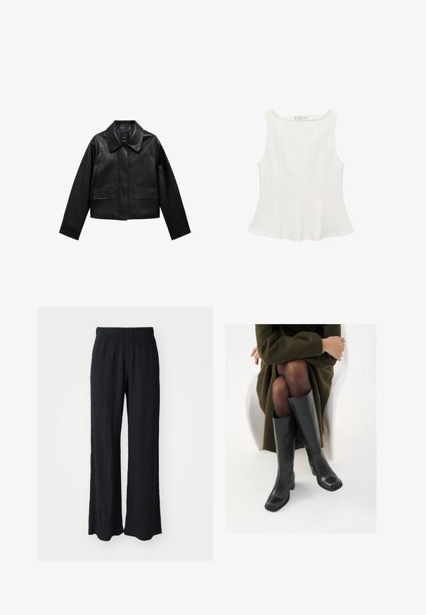 Crna skraćena kožna jakna s kragnom, prednjim kopčanjem na dugmad i dva velika džepa s preklopom. Glatka tekstura i oblik s jasnim linijama.; Bijela bez rukava majica s okruglim izrezom, blago šireg kroja i glatke teksture, izrađena od lagane tkanine. Jednostavan dizajn bez uzoraka.; Crne široke hlače napravljene od teksturiranog materijala s elastičnom waistband. Imaju opušteni kroj i mekani, lepršavi dizajn.; Čizme od crne kože do koljena sa četvrtastim vrhom i blok petom, prikazane s manekenkom koja sjedi u maslinasto zelenom kaputu. Glatka tekstura, minimalni detalji.