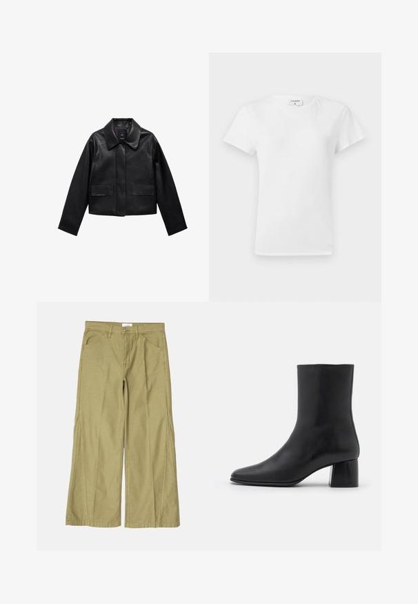 Musta lyhyt nahkatakki, jossa on kaulus, etupuolella napitus ja kaksi suurta läppätaskua. Sileä pinta ja muotoiltu rakenne.; Valkoinen puuvillapaita, jossa on pyöreä kaula-aukko ja lyhyet hihat, rento malli ja minimalinen muotoilu. Tuotetunnus näkyvissä kaulassa.; Hale levelet nadrág világos olíva zöld pamutból, cipzáras záródással, elülső zsebekkel és varrással díszített varrásokkal.; Mustat nahkasaappaat nilkkakorkeudella, joissa on terävä kärki ja tukeva neliön muotoinen korko. Sileä pinta, saumaton muotoilu ja minimalistinen ommel.