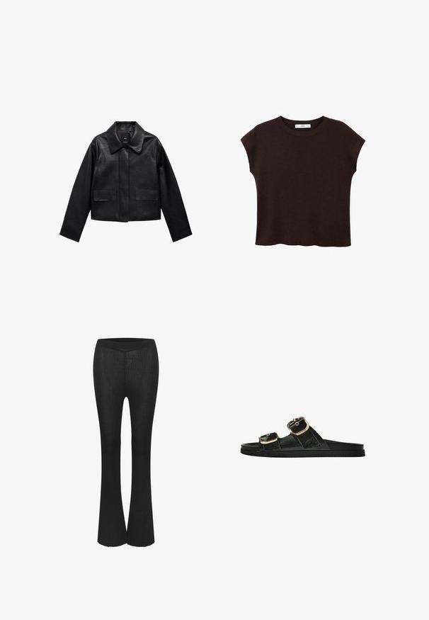 Čierna skrátená kožená bunda s golierom, predným zapínaním na gombíky a dvoma veľkými prekryvnými vreckami. Hladká textúra a štruktúrovaný tvar.; Hnedý krátky rukáv top s okrúhlym výstrihom, vyrobený z textúrovanej tkaniny. Má voľný strih a mierne zúžený lem. Čistý, minimalistický dizajn.; Čierne priehľadné rozšírené nohavice so priliehavým pásom, vyrobené z mäkkého, elastického materiálu. Obsahujú vertikálne pruhy a hladkú textúru.; Čierne šľapky s dvoma zlatými prackami, hladký textúrovaný materiál, plochá podrážka a minimalistický dizajn.