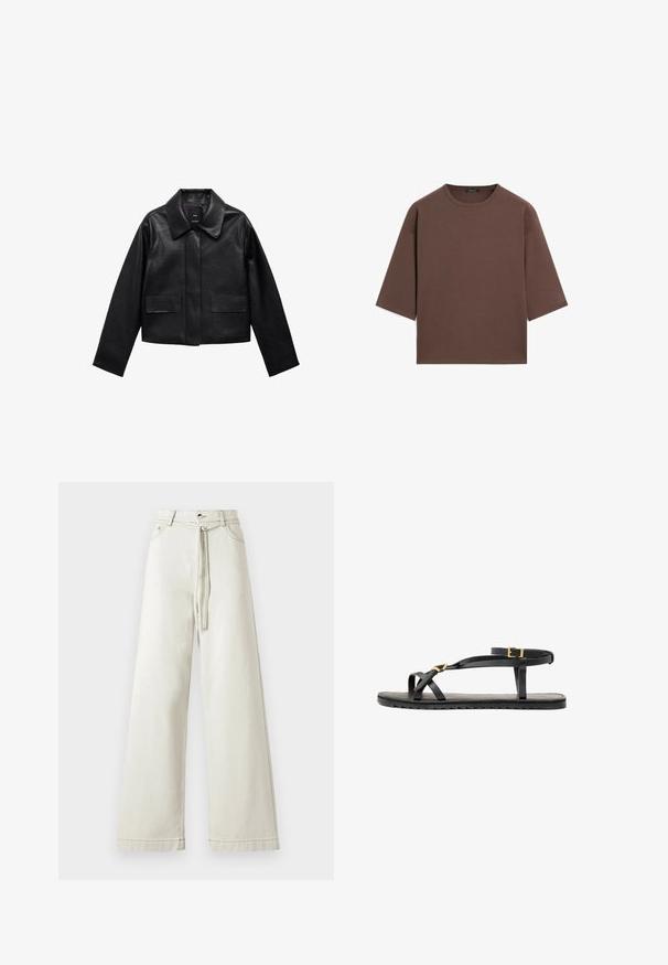 Czarna skórzana kurtka w kroju cropped z kołnierzem, z przodem zapinanym na guziki oraz dwoma dużymi kieszeniami z klapkami. Gładka faktura i zarysowany kształt.; Brązowy, krótki t-shirt z okrągłym dekoltem, krótkimi rękawami i miękką fakturą. Zaprojektowany w luźnym kroju z minimalnymi detalami.; Jasno beżowe spodnie typu wide-leg z denimu, z wysokim stanem, zapięciem na guzik i materiałowym paskiem. Gładka faktura z subtelnym połyskiem.; Czarne skórzane sandały z cienkimi paskami i zapięciem na kostce. Płaska podeszwa o teksturowanym wykończeniu i ząbkowanej krawędzi. Minimalistyczny design.