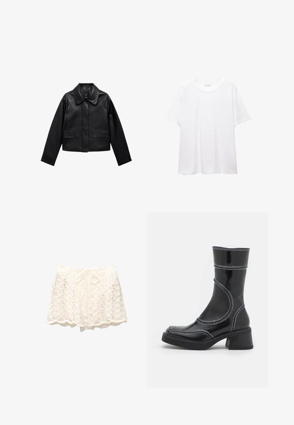Giubbotto in pelle nera corto con colletto, chiusura frontale con bottoni e due grandi tasche a patta. Texture liscia e forma strutturata.; T-shirt bianco semplice realizzato in cotone, con scollatura rotonda, maniche corte e vestibilità morbida. Texture liscia senza motivi o accenti.; Pantaloni corti bianchi all'uncinetto con orlo a onde, caratterizzati da un design in maglia aperta e testurizzata e una vita con coulisse per una vestibilità regolabile.; Stivale alla caviglia in pelle verniciata nera con cuciture bianche, punta arrotondata e tacco a blocco. Presenta linee di design curve e una texture liscia.