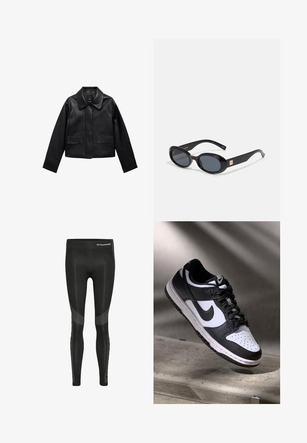 Giubbotto in pelle nera corto con colletto, chiusura frontale con bottoni e due grandi tasche a patta. Texture liscia e forma strutturata.; Crop top nero a maniche lunghe realizzato in tessuto leggero, con scollo rotondo e silhouette aderente, caratterizzato da cuciture pulite e senza decorazioni.; Leggings sportivi neri con vita alta, tessuto testurizzato e motivi a righe lungo i lati per un tocco di dettaglio in più.; Sneaker Nike Dunk Low in bianco e nero con tomaia in pelle, punta perforata e lacci neri, caratterizzata da una suola bianca e dettagli del logo.; Occhiali da sole ovali neri con lenti scure, montatura in plastica lucida, aste larghe e un piccolo accent in oro su un lato.