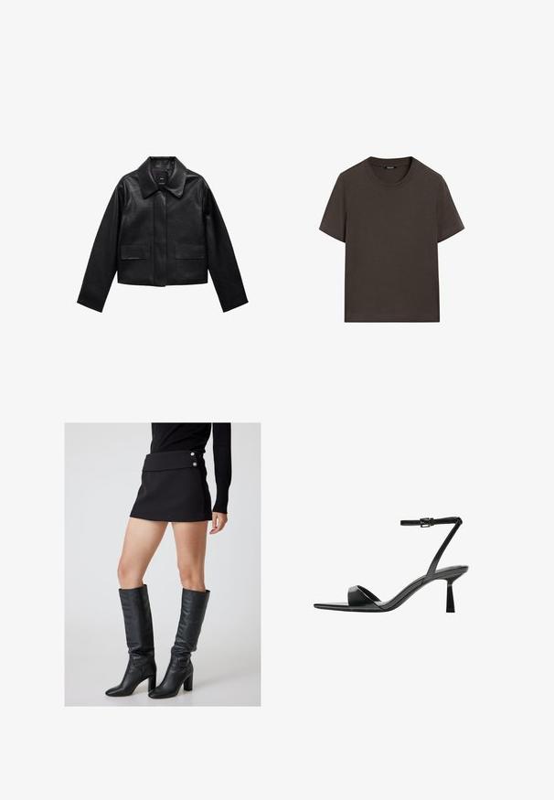 Sort cropped læderjakke med krave, frontlukning med knapper og to store flaplommer. Glat tekstur og struktureret form.; Mørkebrun kortærmet t-shirt lavet af bomuld. Har en rund halsudskæring og en afslappet pasform, uden synlige mønstre eller detaljer.; Sort mini skør med fold-over talje og sølvknapper, parret med knæ-høje sorte læderstøvler med en kraftig hæl.; Bershka Højhælede sandaletter / Højhælede sandaler - black