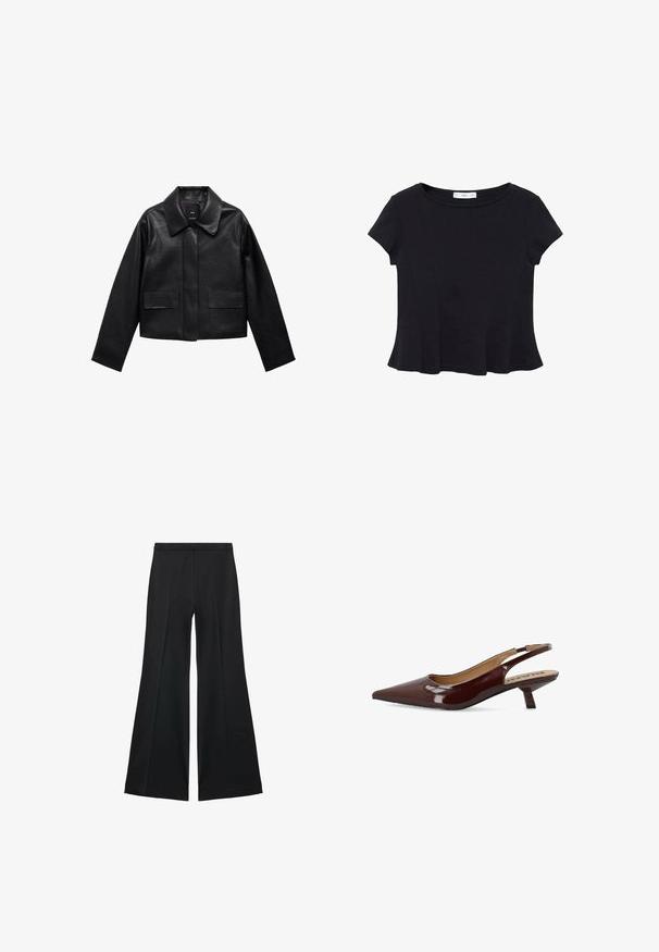 Črn skrajšan usnjen plašč s ovratnikom, sprednjim zapiranjem na gumb in dvema velikima žepoma s poklopcem. Gladka tekstura in strukturirana oblika.; Črna majica s kratkimi rokavi iz mehkega materiala, z zaobljenim izrezom in razširjenim robom s subtilnim šivnim detajlom.; Črne široke hlače z gladko teksturo, ki imajo sprednje nabore in kroj po meri. Tkanina je lahka in zračna.; Bianco KRISTIN KITTEN SLINGBACK - Klasične pete - burgundy