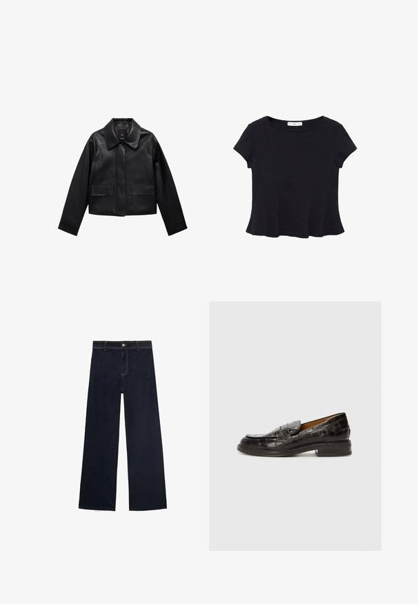 Veste en cuir noire courte avec col, fermeture à boutons sur le devant et deux grandes poches à rabat. Texture lisse et forme structurée.; Haut noir à manches courtes en tissu doux, avec un col rond et un ourlet évasé présentant des détails de couture subtils.; Jeans larges bleu foncé avec un ourlet effiloché, dotés d'une braguette à boutons et zip, et d'un design classique à cinq poches avec des coutures contrastantes.; Billi Bi Chaussons - espresso