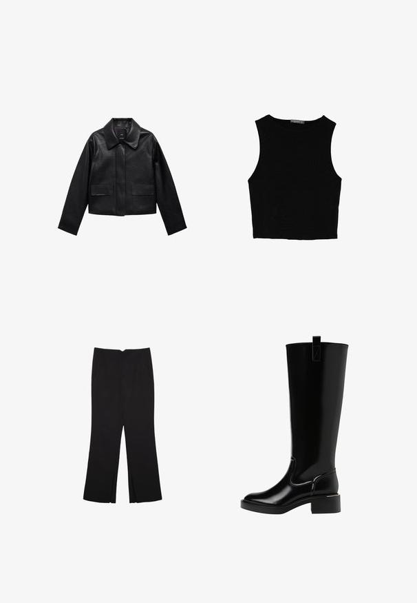 Black cropped leather jacket with a collar, front button closure, and two large flap pockets. Smooth texture and structured shape.; Black sleeveless crop top made of smooth fabric, featuring a round neck and a clean, simple design without patterns or hardware.; Black trousers with a straight fit, featuring front pockets and side slits at the hem. Made of soft, smooth fabric. Suitable for various occasions.; Black knee-high boots with a glossy finish, rounded toe, small block heel, and a pull tab at the back. Seam detailing accentuates the design.