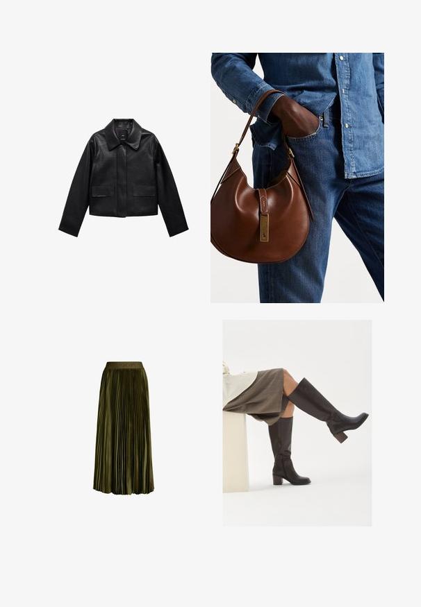 Veste en cuir noire courte avec col, fermeture à boutons sur le devant et deux grandes poches à rabat. Texture lisse et forme structurée.; Deux tops à col roulé sans manches en marron et noir, présentés sur un fond blanc uni.; Jupe plissée midi en vert olive avec taille élastique, ornée d'un logo "JOOP!" subtil, en tissu satiné, présentant une silhouette fluide.; Bottes en cuir marron, montantes jusqu'au genou, avec un bout carré, un talon épais et une fermeture éclair latérale. Texture lisse avec une finition polie.; Sac en cuir marron de style hobo avec une forme arrondie, mettant en avant un accent en métal doré et des coutures contrastantes. Assorti à une chemise en denim et un jean.